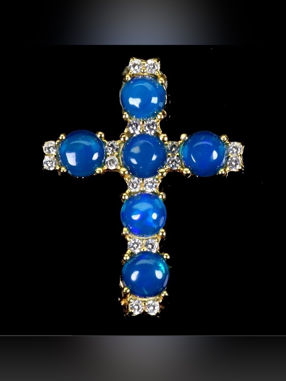 Natural Blue Opal Cabochon Cross Pendant Necklace 14K Yellow Gold Overlay